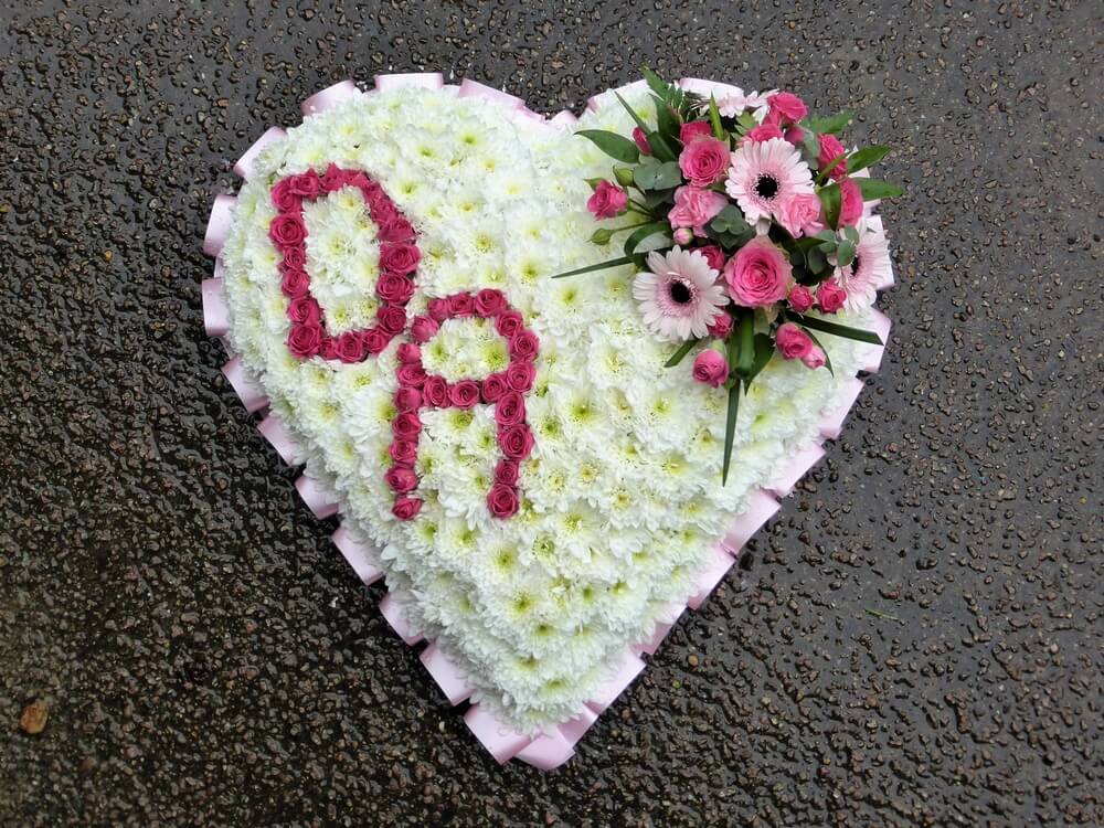 16. White heart with pink Rosebud initials and pink posy