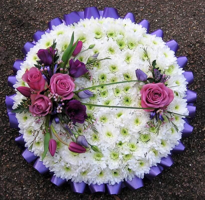 24.  14” posy with purple ribbon edge, white Chrysanthemums and purple and lilac flowers