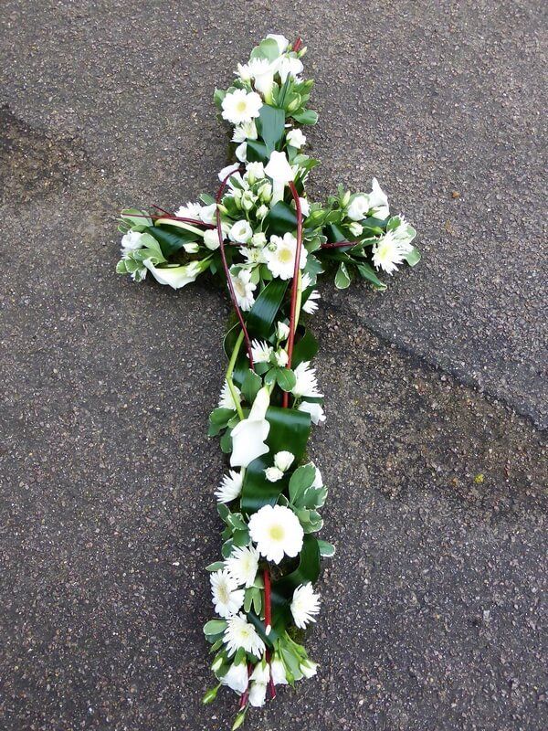 3.  4ft White Cross with Callas, Germini, Lisianthus and Dogwood