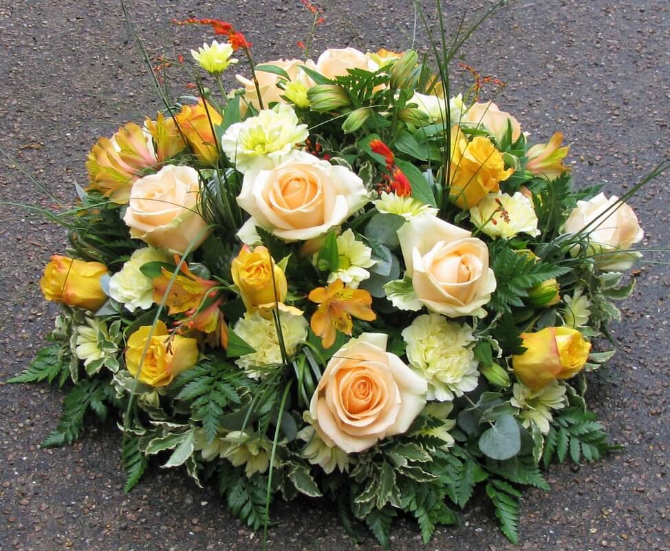 19.  12” Apricot Roses, Gold Roses and cream Carnations