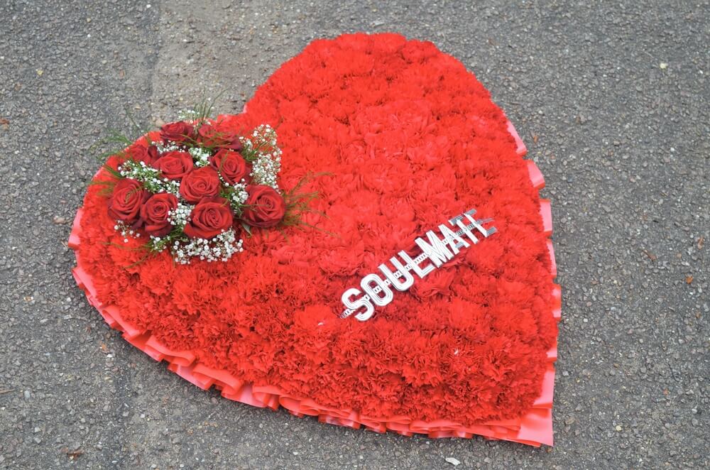 25. Large red Carnation Heart with Aluminuim letters and red Rose and Gypsophila posy