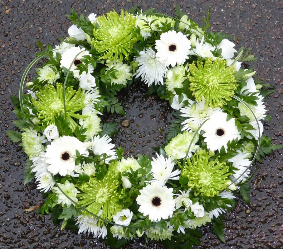 6.   14” green Chrysanthemum and white Germini wreath