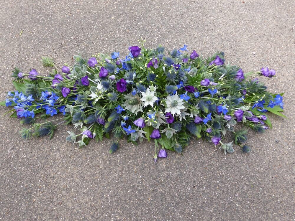 19. Spray with Scottish Thistles, purple Lisianthus and blue Delphiniums