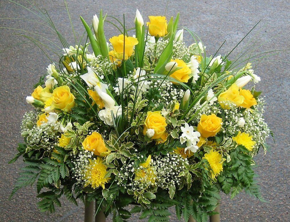 3.  14” Posy of Yellow Roses, white Tulips and Narcissus
