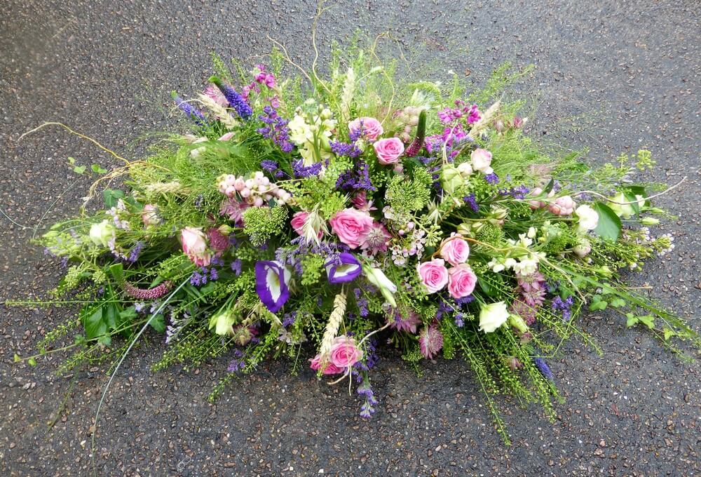 1.   Natural Coffin Spray with Roses, Lisianthus, Veronicas, Trachelium, Astrantia and Grasses