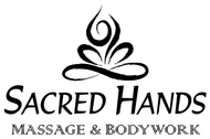 A black and white logo for Sacred Hands Massage and Bodywork.