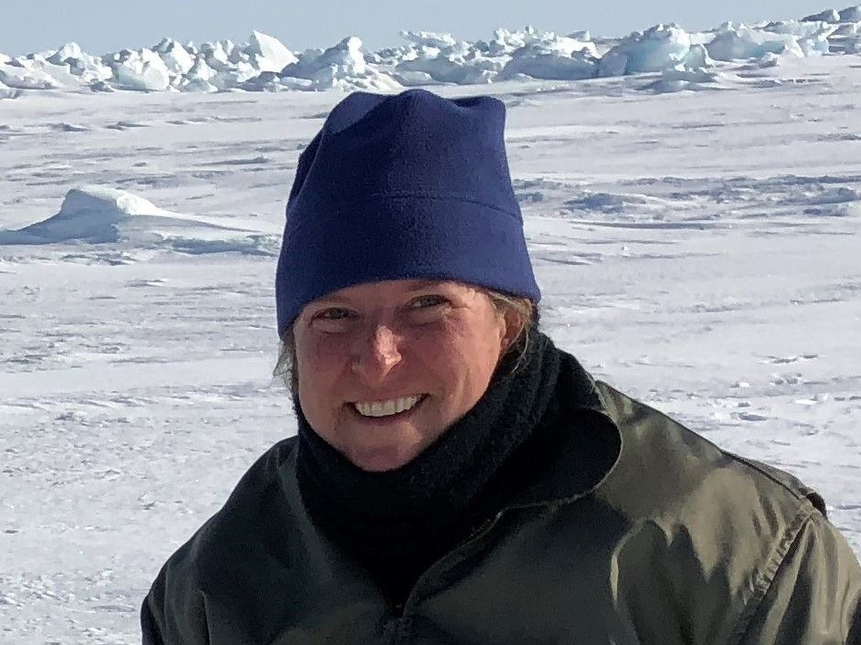 Person wearing blue hat and warm clothes smiling in snowy, icy landscape.