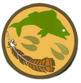 Circular emblem with a green fish, three hoof prints, a feather, and a brown border.
