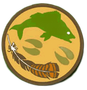 Circular emblem with a green fish, three hoof prints, a feather, and a brown border.
