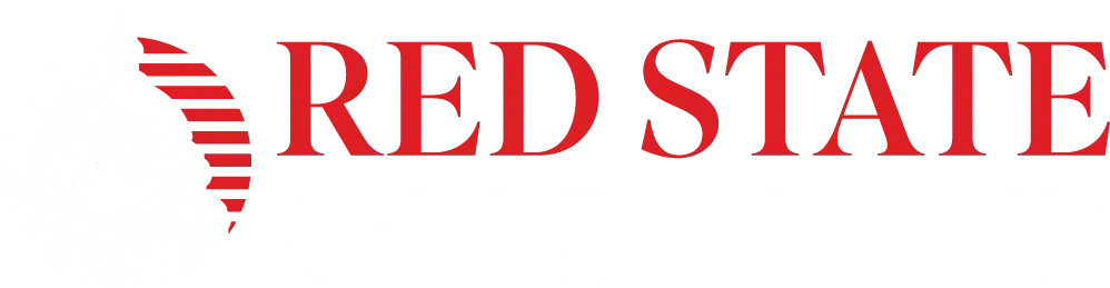 A red state logo on a white background