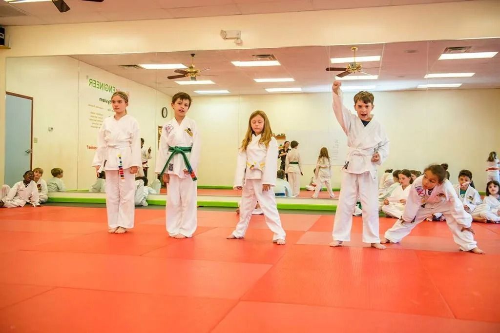 Children in martial arts uniforms on a red mat, some posing and others watching, in a studio with mirrors.