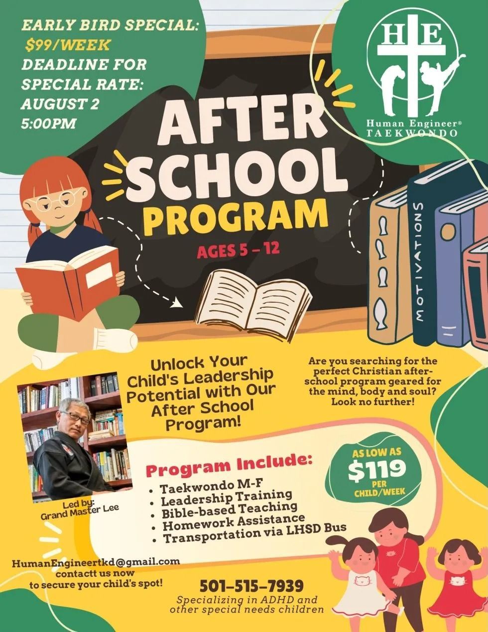 Poster for an after-school program for ages 5-12. Features a girl reading, books, and program details.