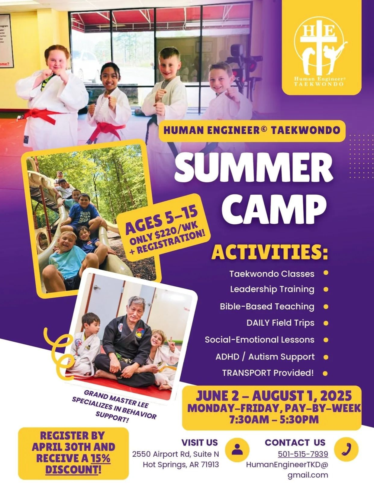 Summer camp flyer with photos of kids, a martial arts logo, and camp details.