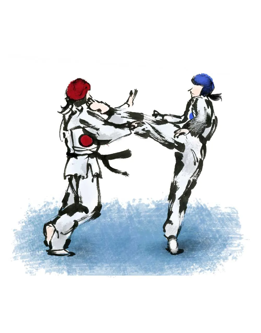 Two people in white martial arts uniforms, red and blue headgear, practicing a kickboxing move.