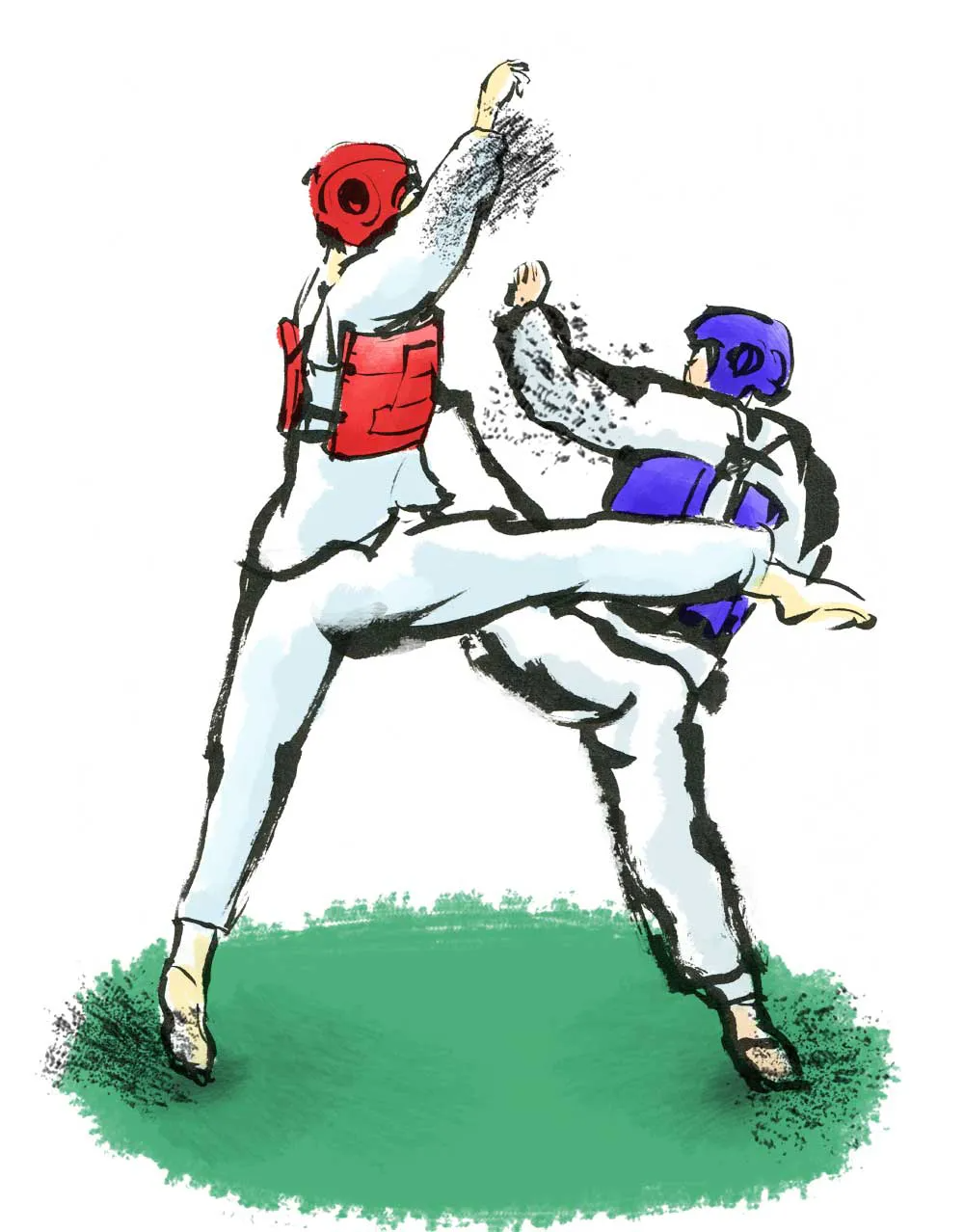 Two people in Taekwondo gear sparring, one kicking, one blocking; green ground.