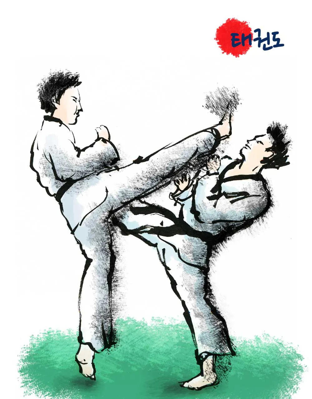 Two people in white uniforms practicing Taekwondo, one kicking the other.