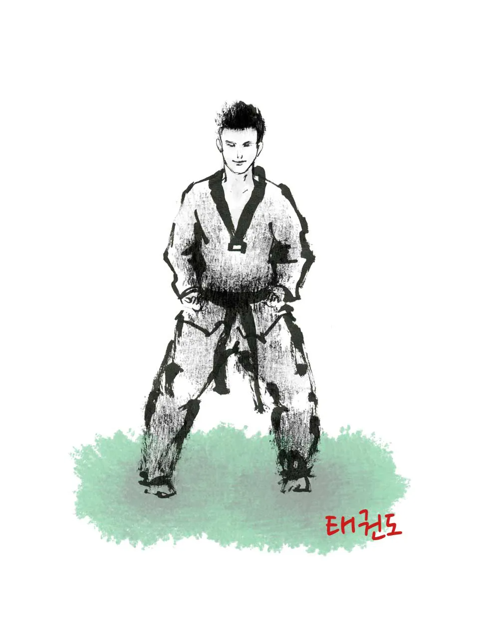 Person in martial arts uniform in a wide stance, with the Korean word for Taekwondo.