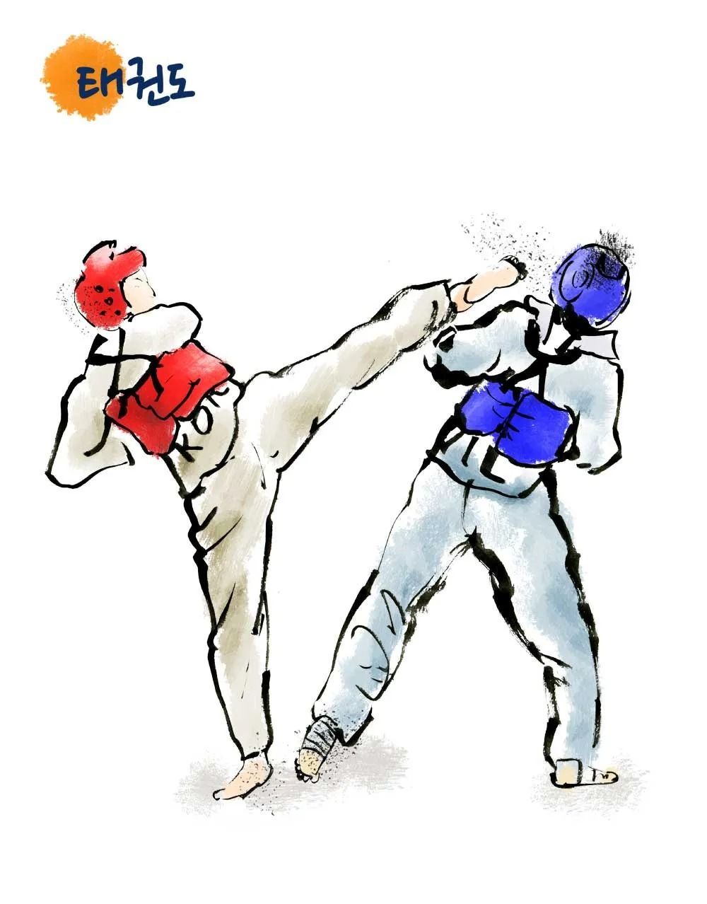 Two people in taekwondo uniforms practicing kicks.