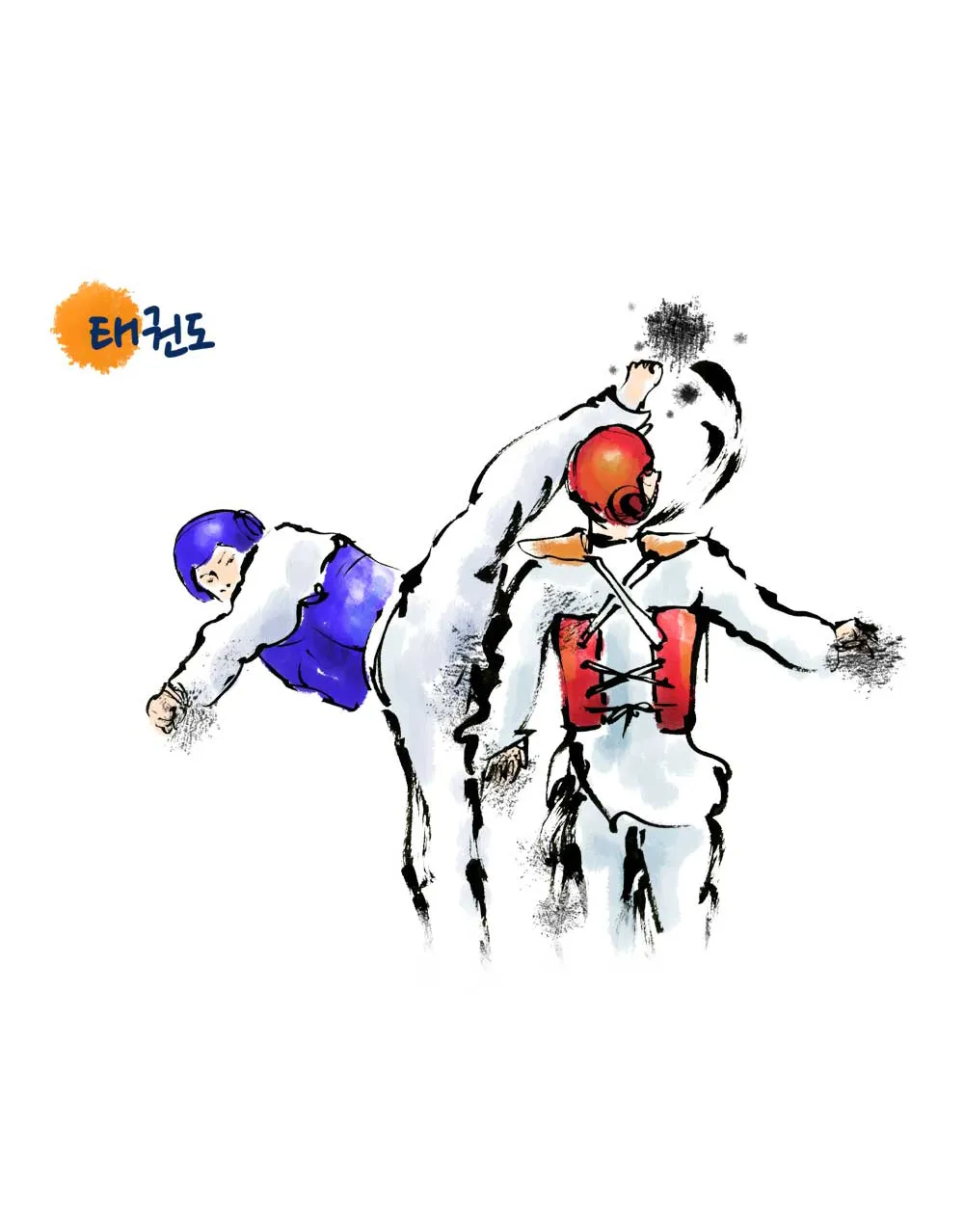Taekwondo illustration: One athlete kicking another in the head. Text: 
