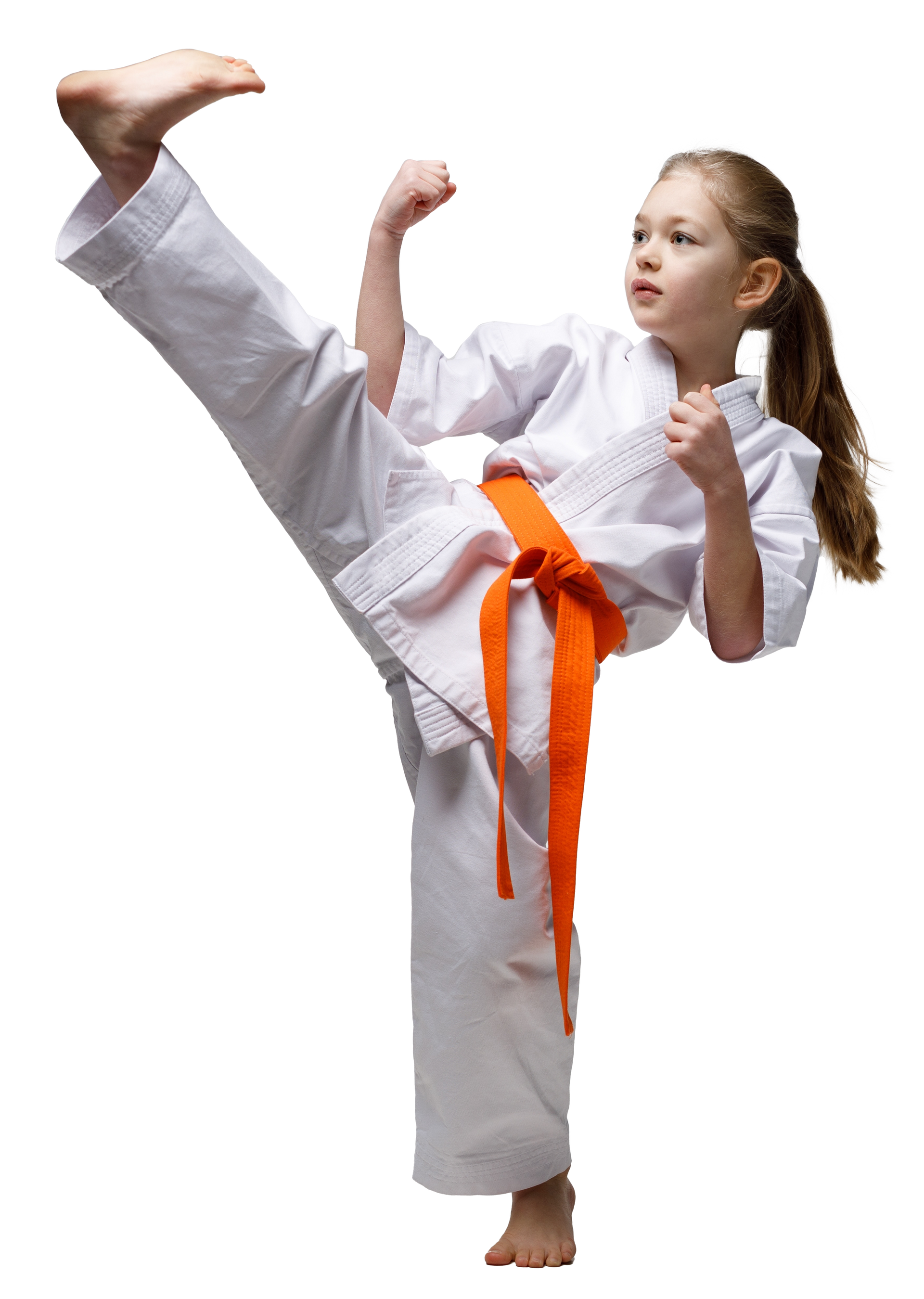 Young person in karate uniform kicking, orange belt, arm raised in defense.
