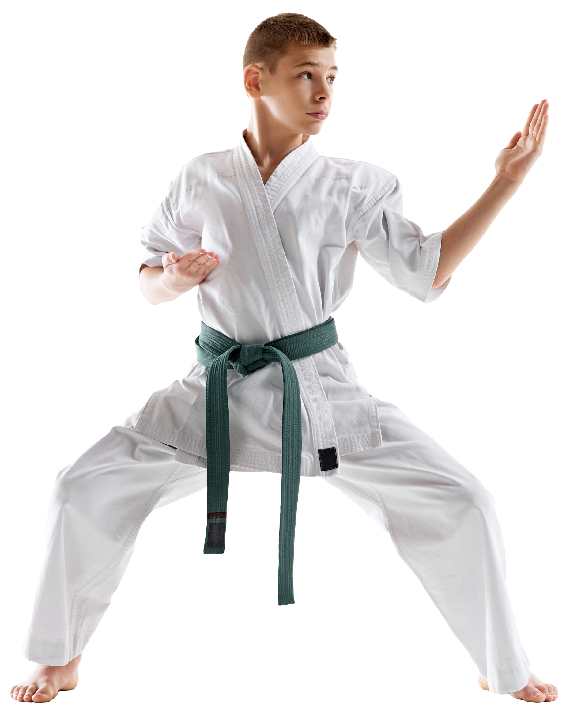 Teen in white karate uniform, green belt, in fighting stance, focused expression.