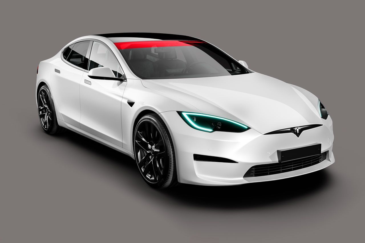 a white tesla model s with a red sun visor on the windshield .