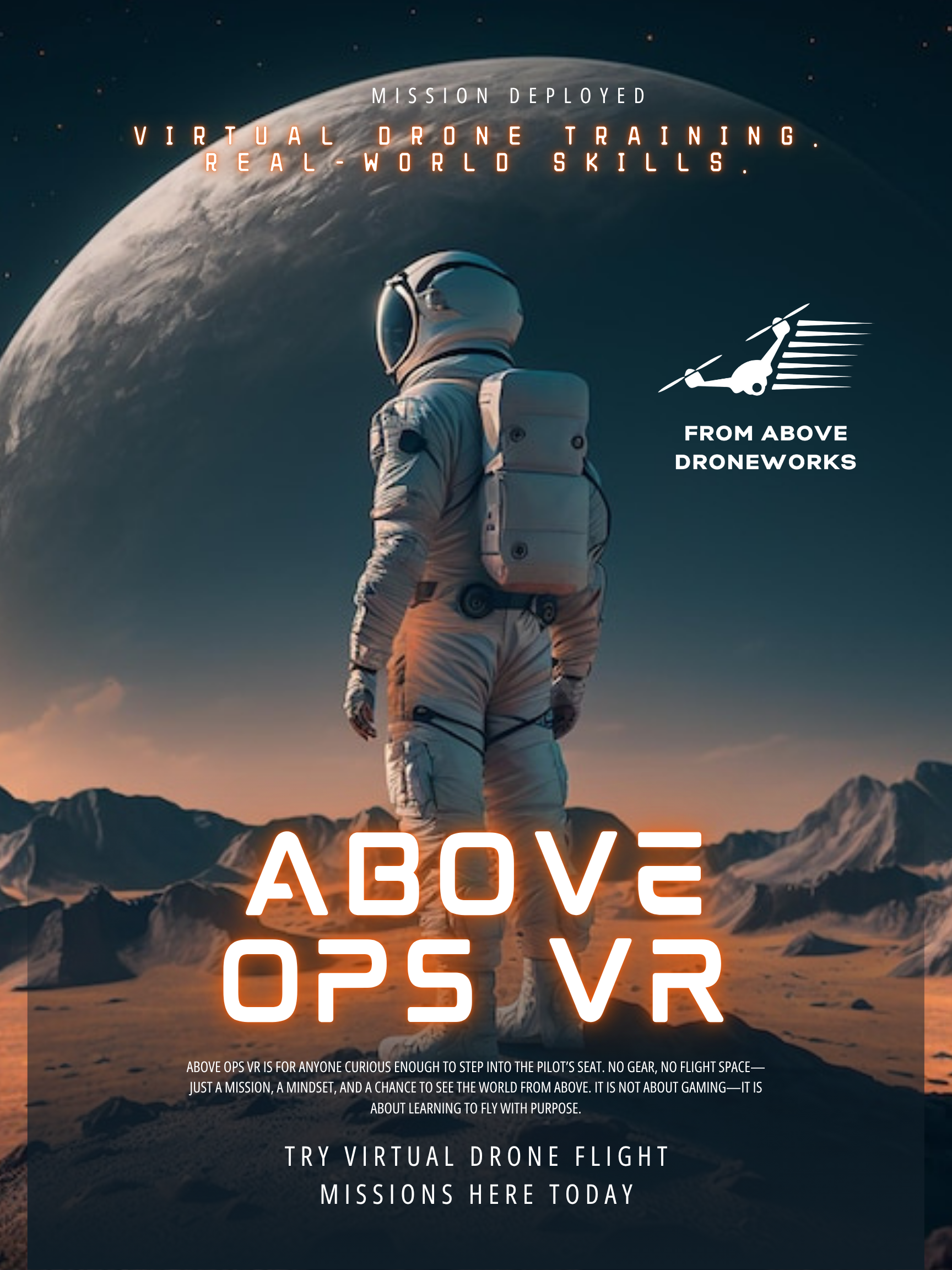 Poster for Above Ops VR tactical drone training, El Paso program using virtual reality missions.