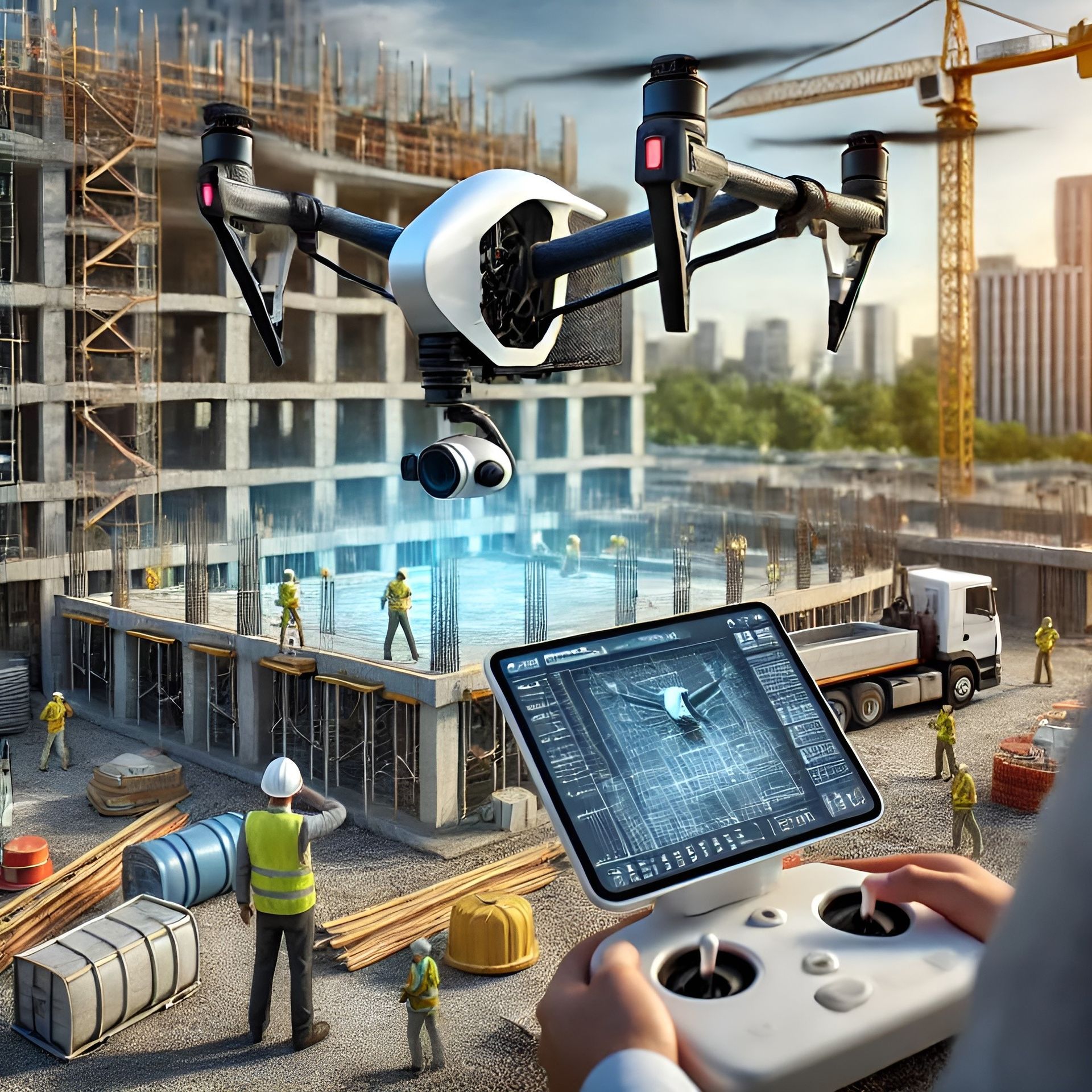 State-of-the-art drone conducting an aerial survey over a construction site with workers in safety gear.