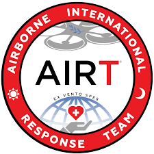 Logo for Airborne International Response Team (AIRT) with drone, globe, and medical symbol.