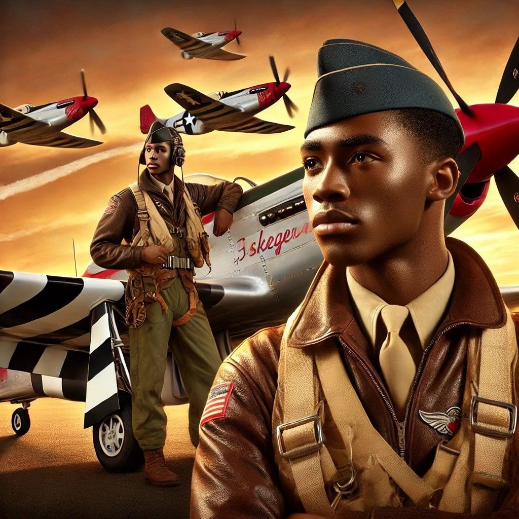 Tuskegee Airmen stand before a red-tailed P-51 Mustang, honoring their legacy.