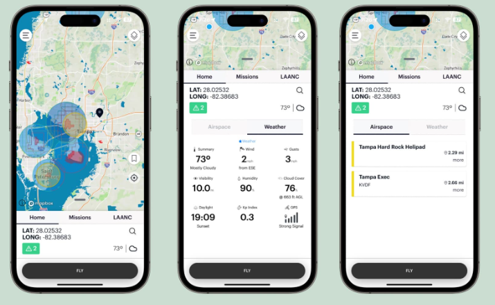 Image visualizing the Aloft app interface on a smartphone, used by a drone pilot to safely navigate airspace. 