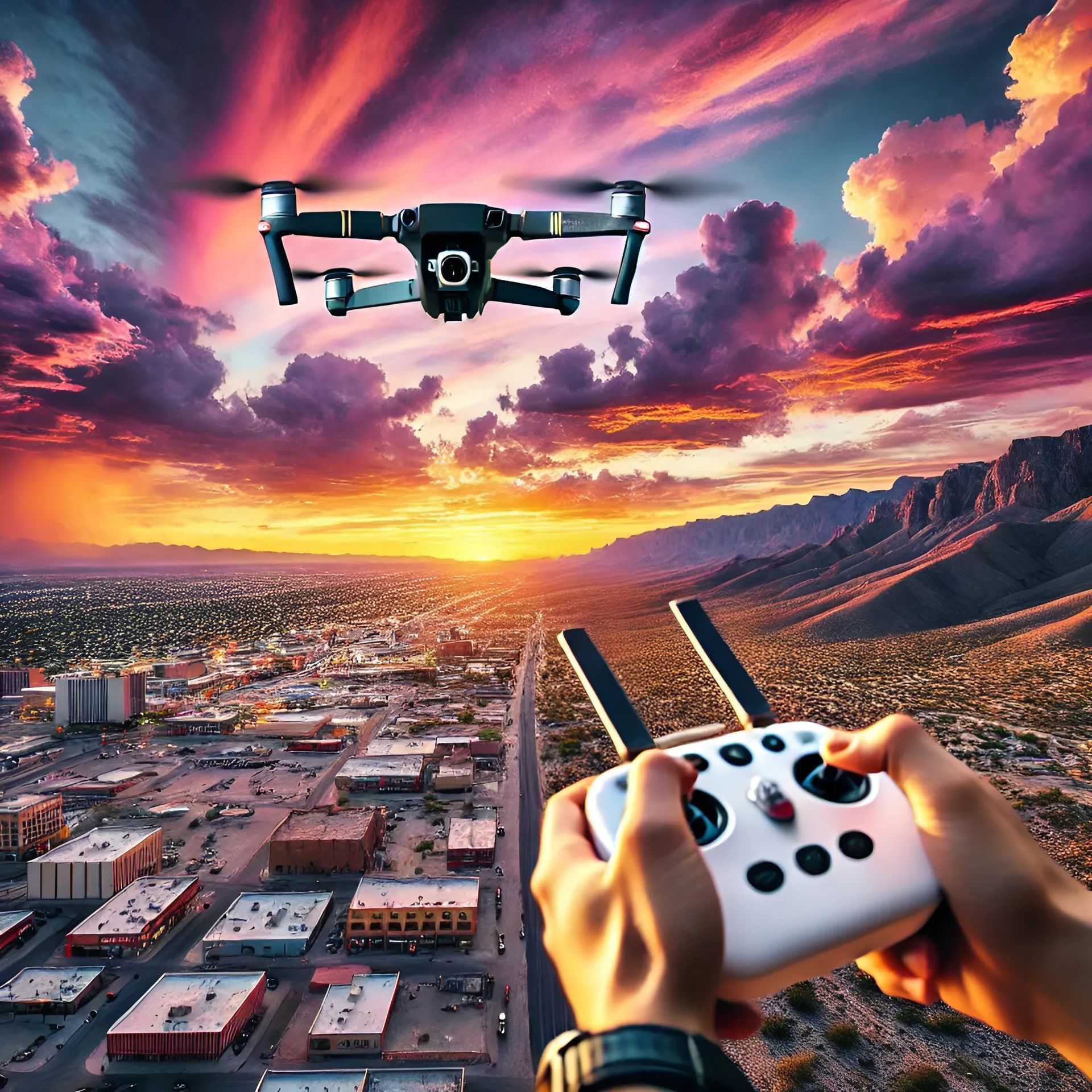 Certified drone pilot operating over El Paso, Texas, showcasing real-world FAA Part 107 training for careers in drone operations.