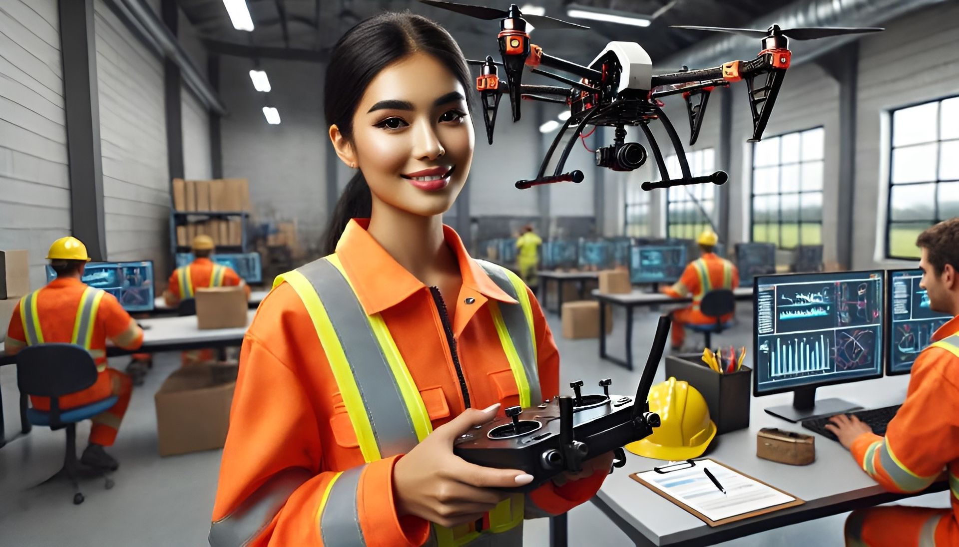 Woman drone operator wearing neon reflective gear in a high-tech testing command center, confidently controlling a drone with real-time footage displayed on monitors, showcasing her FAA Part 107 Certification expertise.