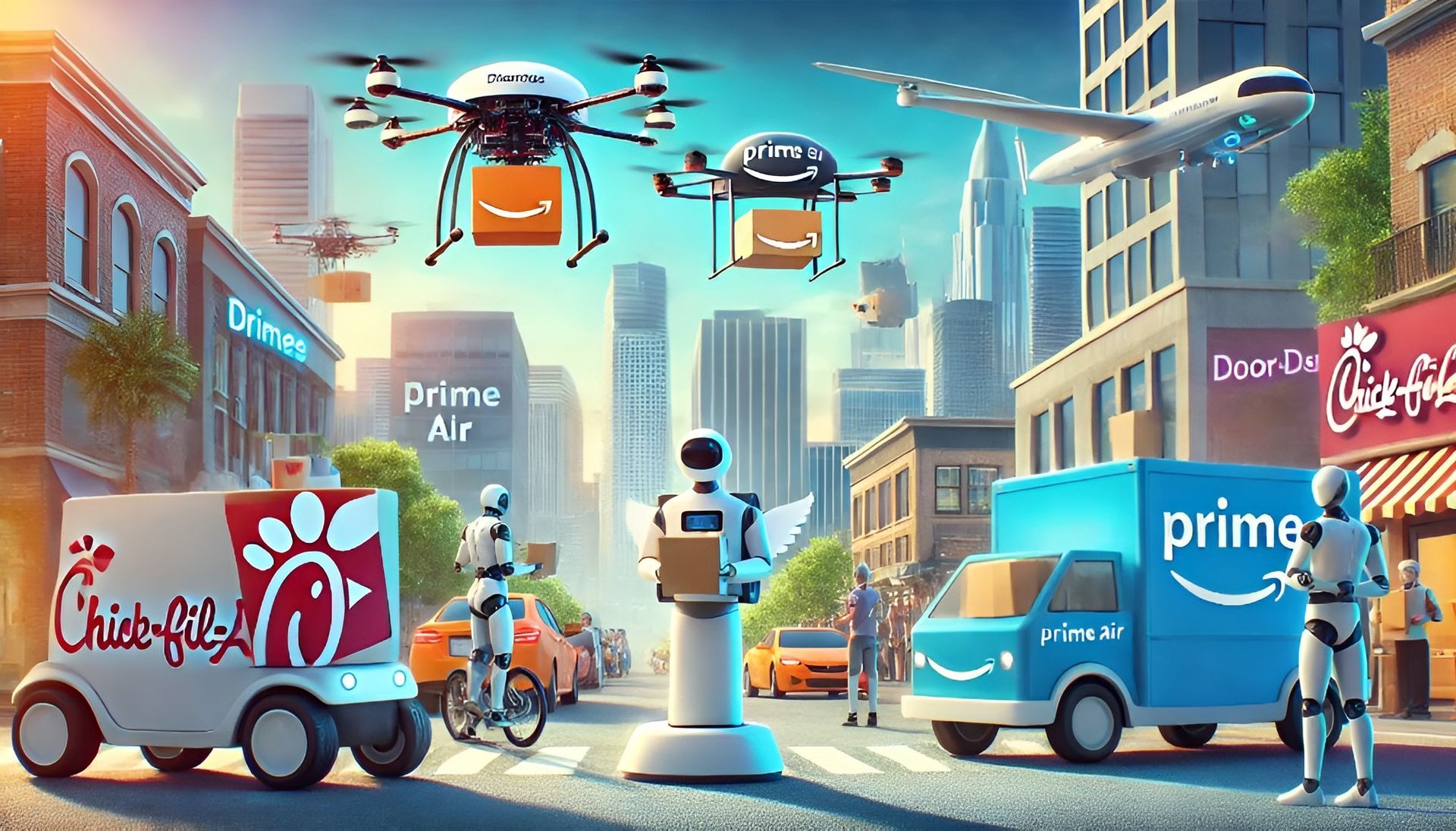 Futuristic cityscape with robots and drones from Chick-fil-A, Amazon Prime Air, and DoorDash delivering packages efficiently.