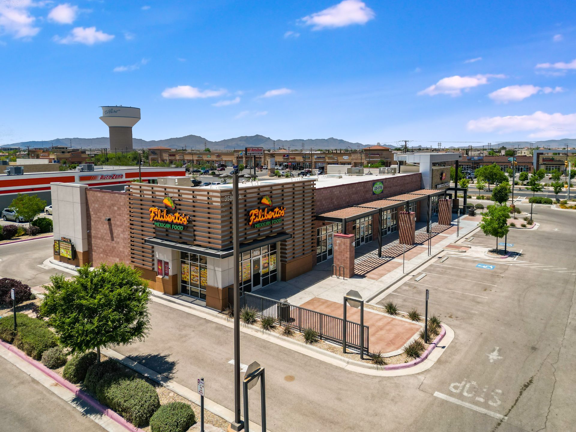 Aerial drone photo of commercial retail center on El Paso’s East Side captured by From Above Droneworks