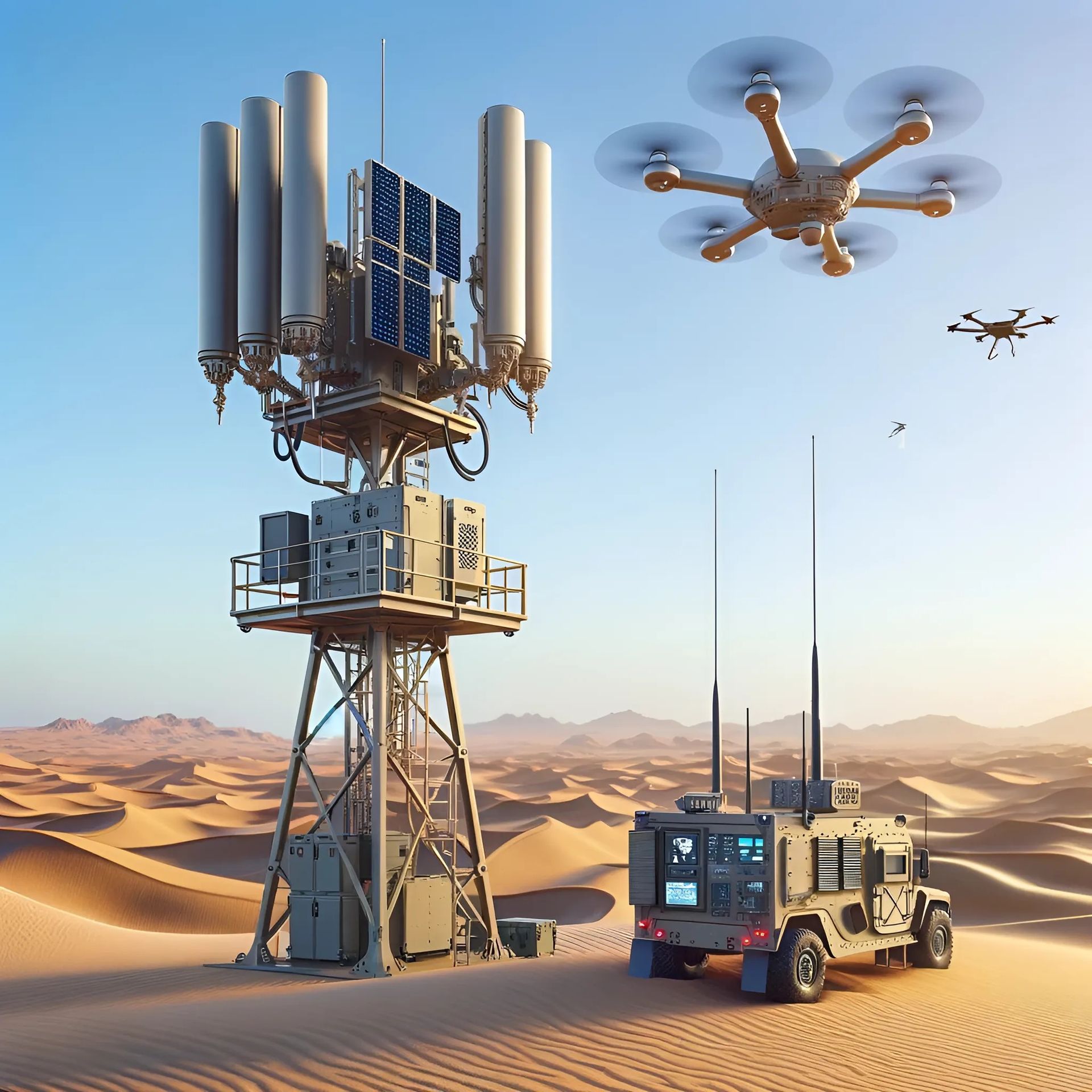 Military vehicle with drone detection tower in desert.