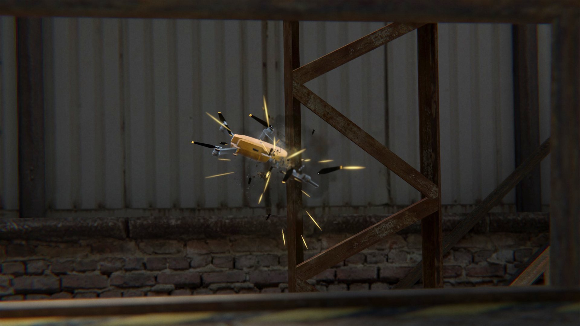 Drone crashing into a metal structure mid-flight during a simulated mission