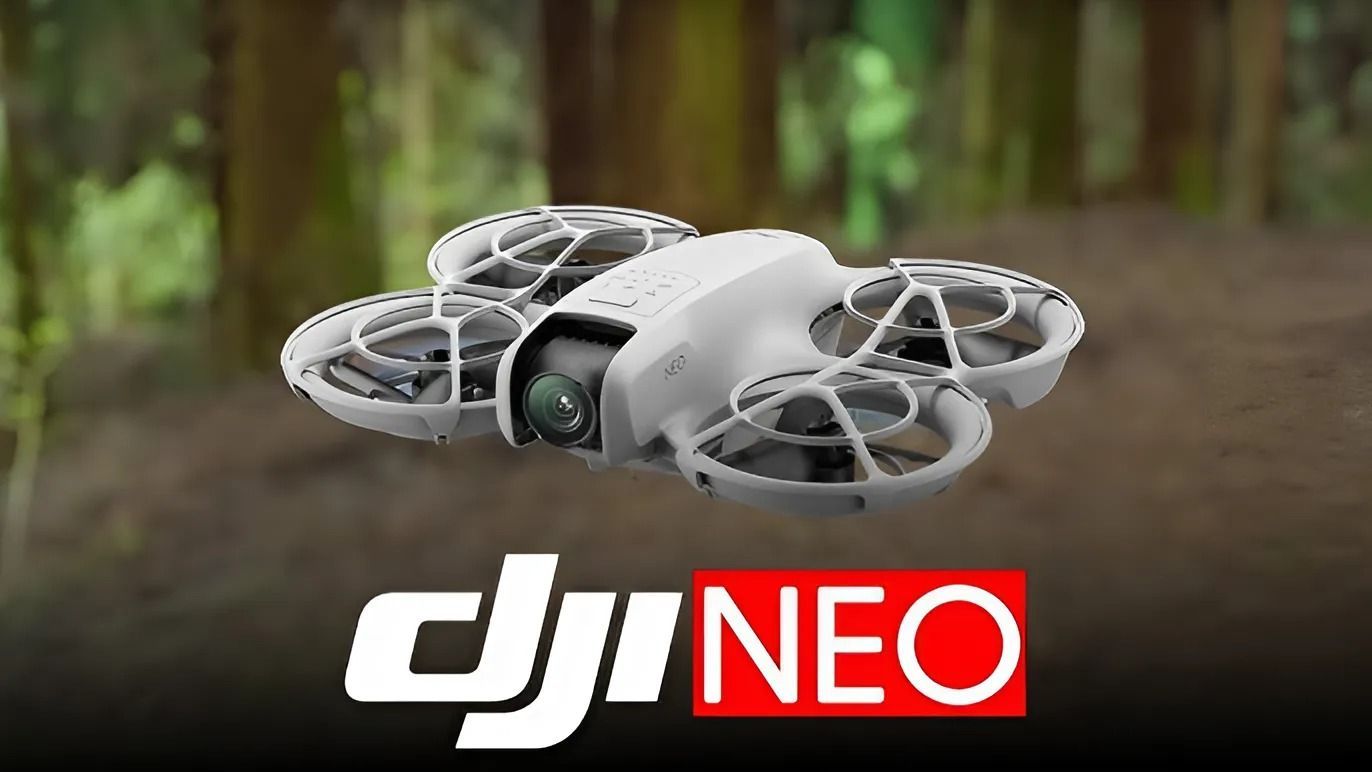 DJI Neo compact 4K drone capturing aerial shots with intelligent flight modes.