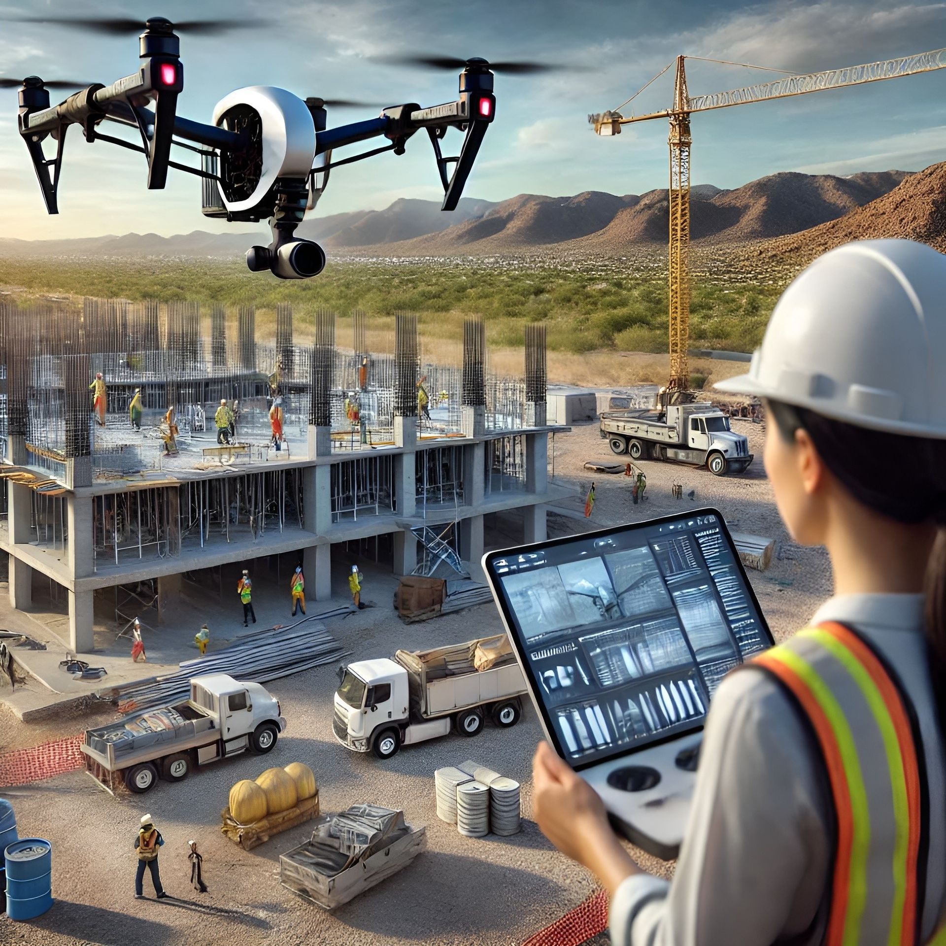 Modern drone captures documentation and reporting data over a construction site.