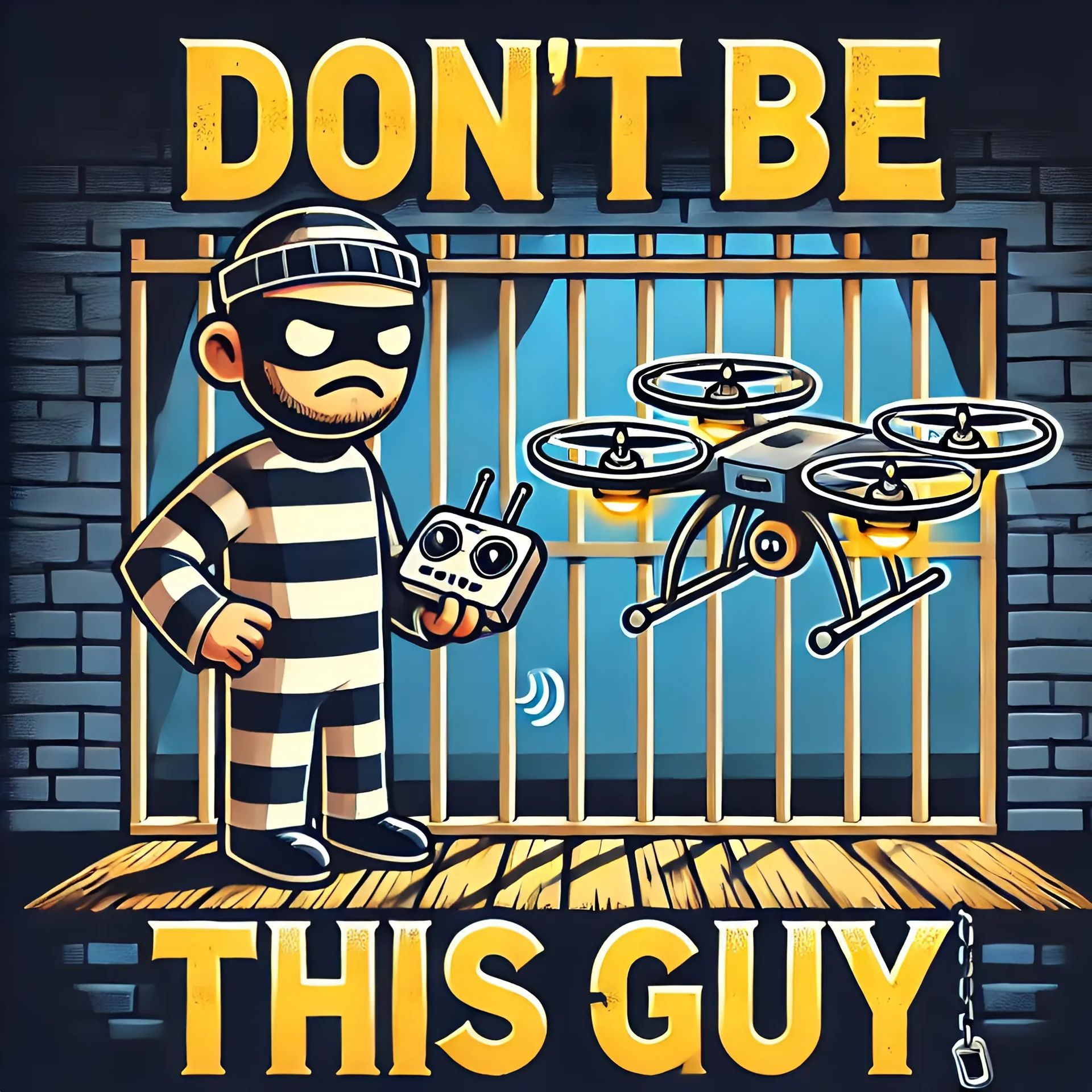 Cartoon drone pilot breaking drone laws and regulations