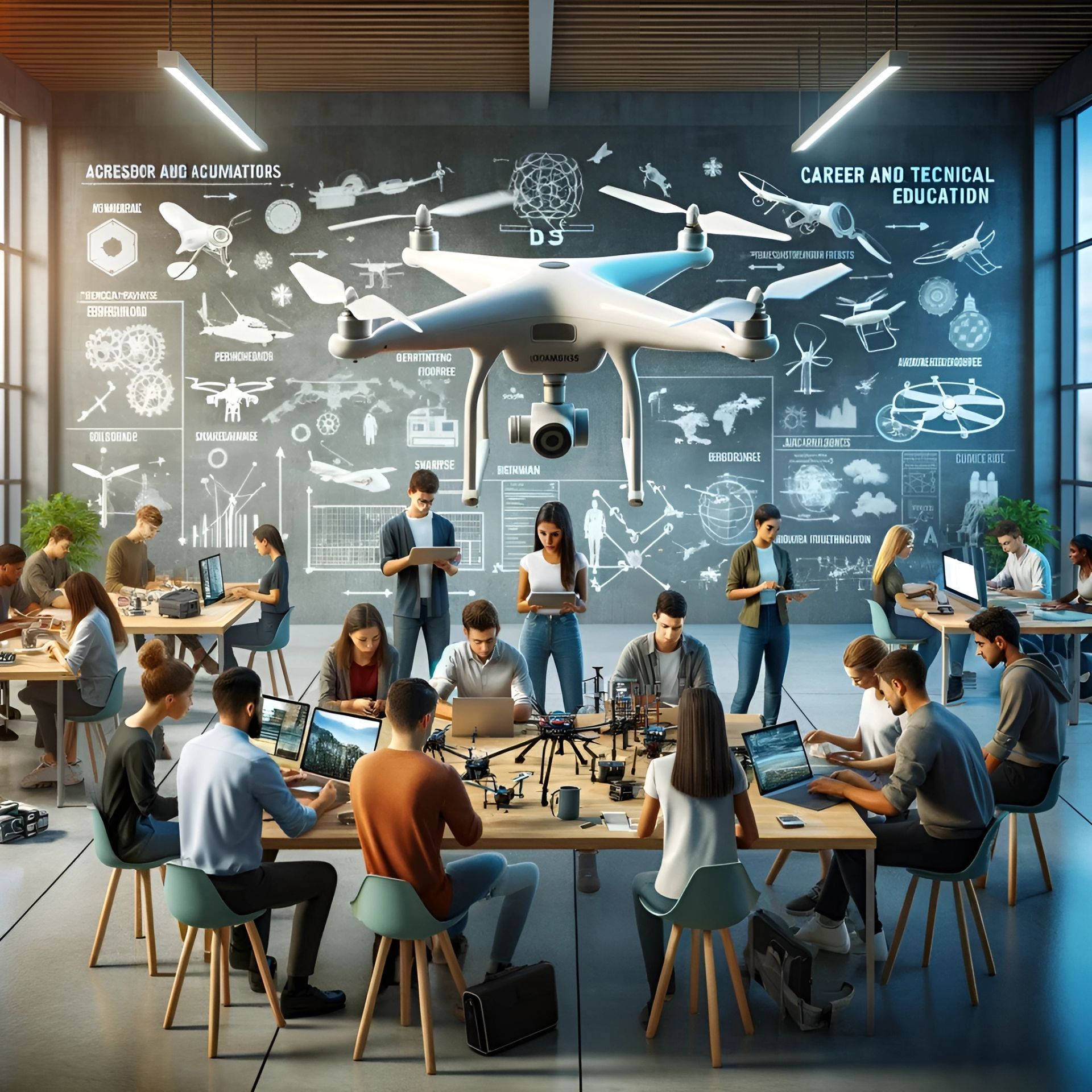 The image illustrates how drones are transforming career and technical education pathways. It captures a modern classroom setting where students engage with drone technology, highlighting the diverse opportunities this innovation brings to various fields.