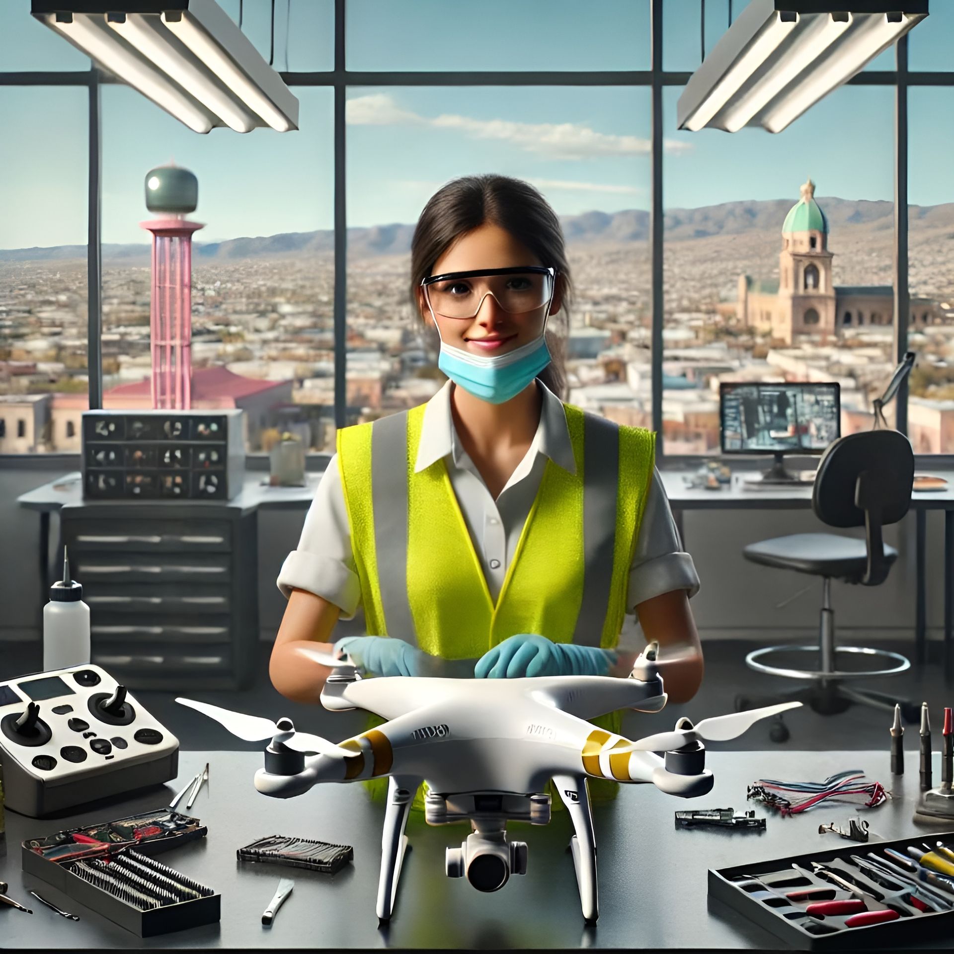 Woman drone pilot performing maintenance and repair on a drone, working with tools on a workbench in a professional workshop.