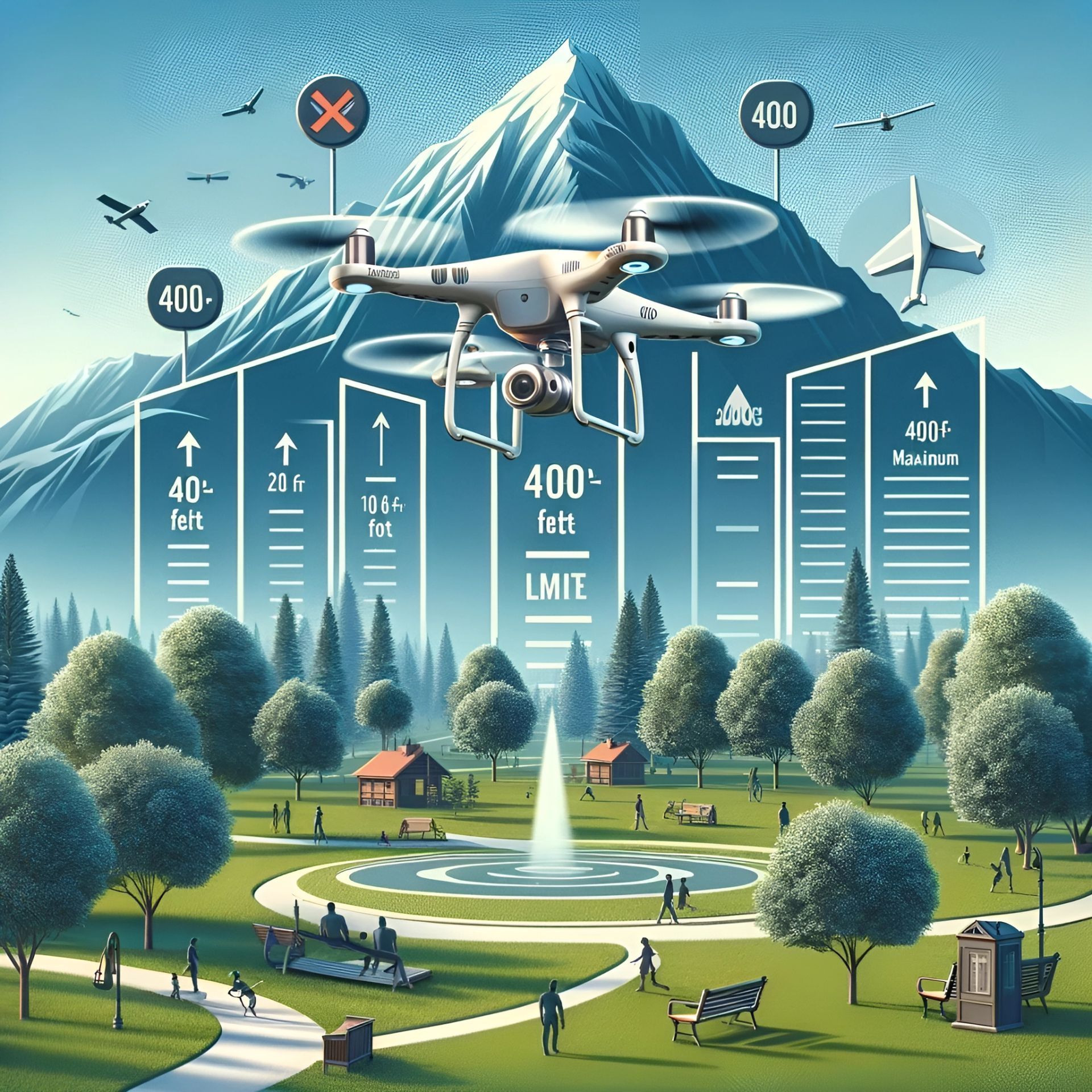 An image featuring a mini recreational drone flying in a park, with an altitude graphic and arrows pointing to the drone's maximum altitude limit against a backdrop of a majestic mountain.