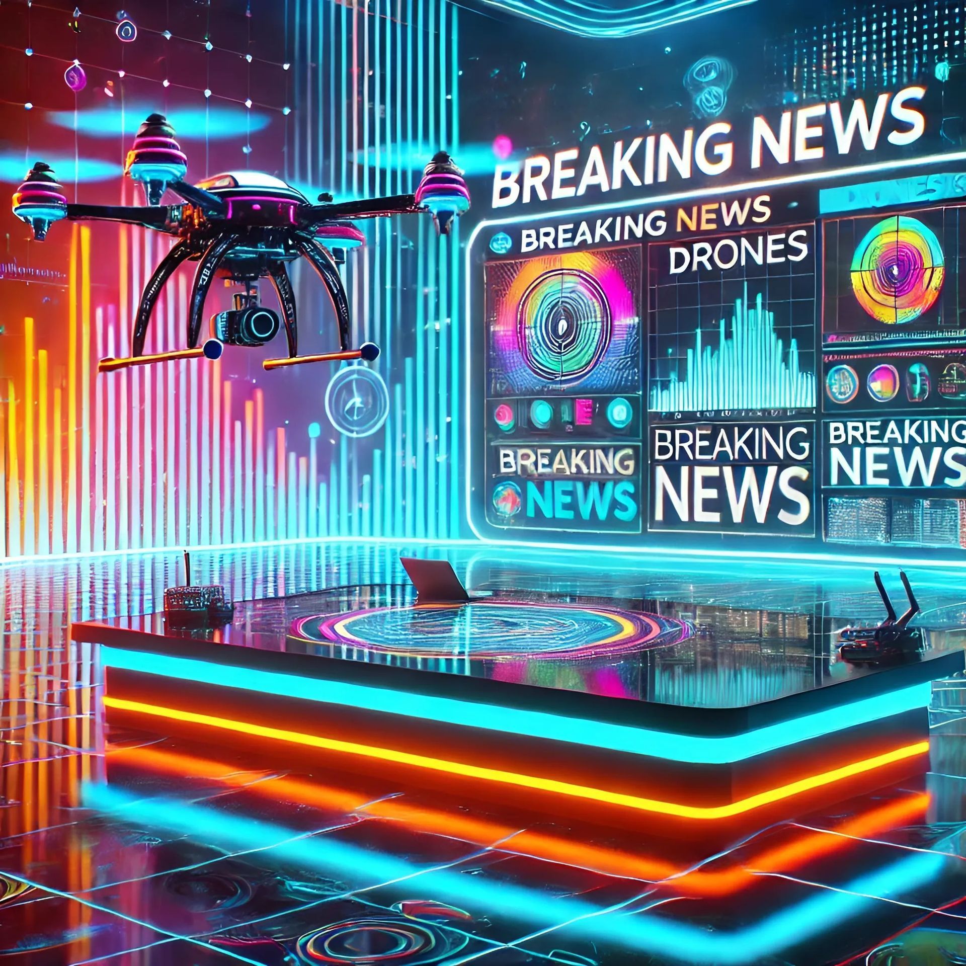 Futuristic newsroom with colorful screens showing drone news and updates, set against a glowing cityscape for The Drone Zone Blog.