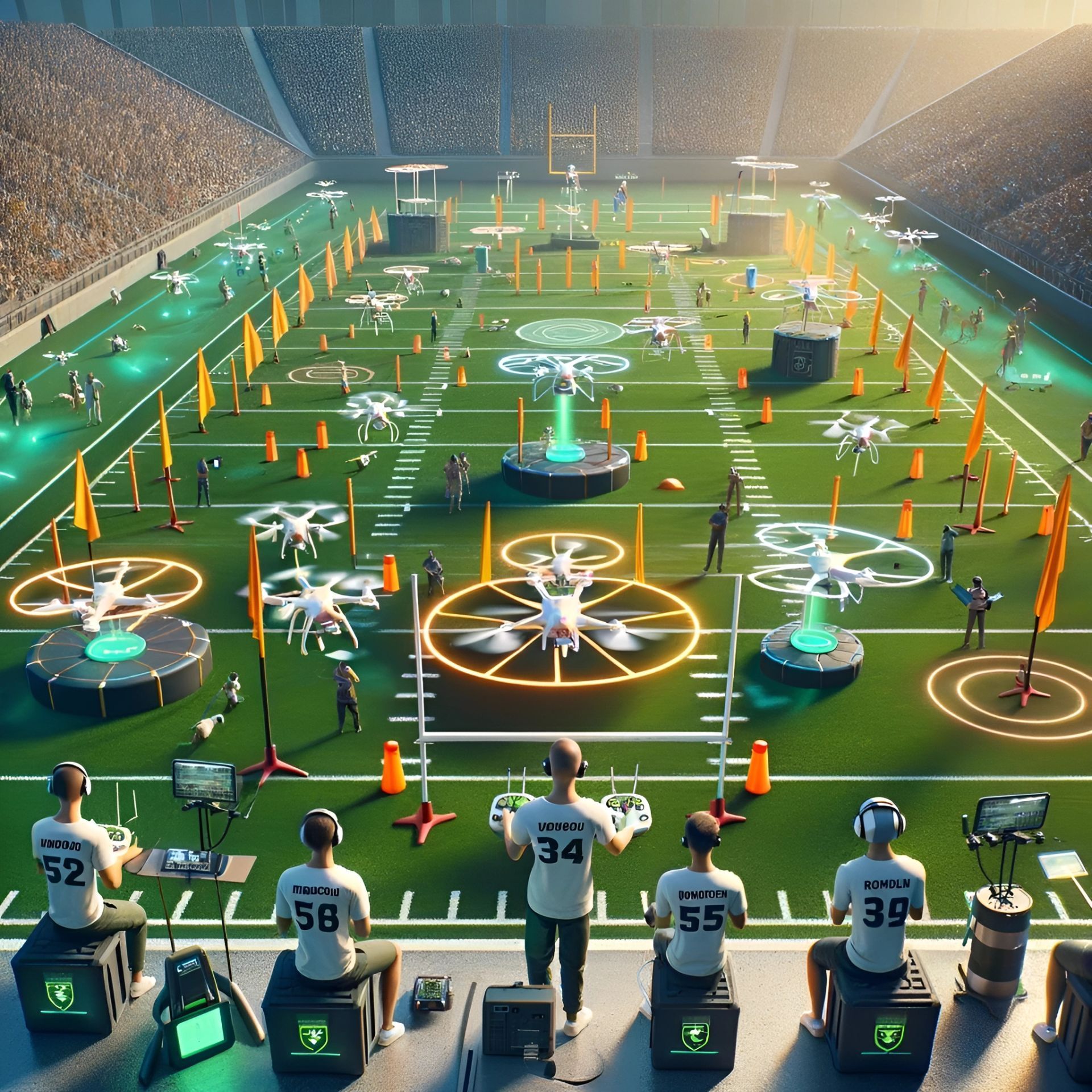 An image depicting a drone pilot skills challenge on a football field, showcasing various drones maneuvering through an obstacle course with pilots controlling them from one end of the field. 