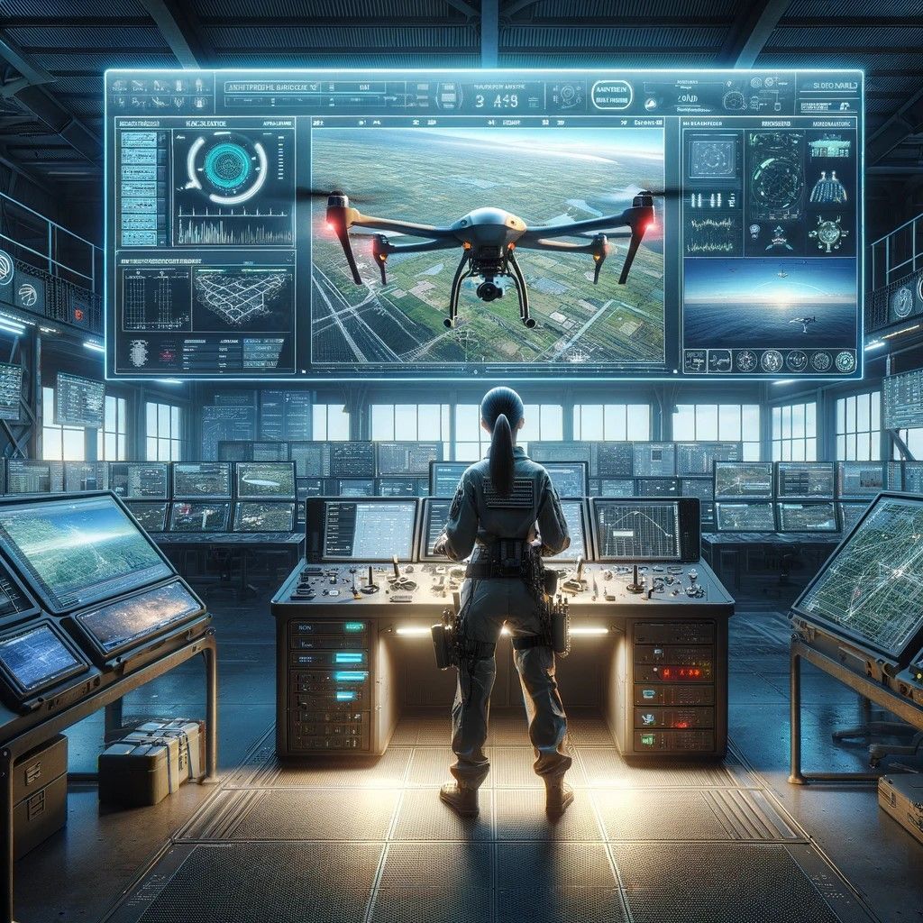 This image further explores the theme of continuous learning and skill enhancement for drone pilots, showcasing a female pilot engaged in analyzing real-time data and performance analytics. Set in a high-tech training room, the scene is equipped with advanced drone technology, emphasizing the importance of technology in developing drone piloting skills. 