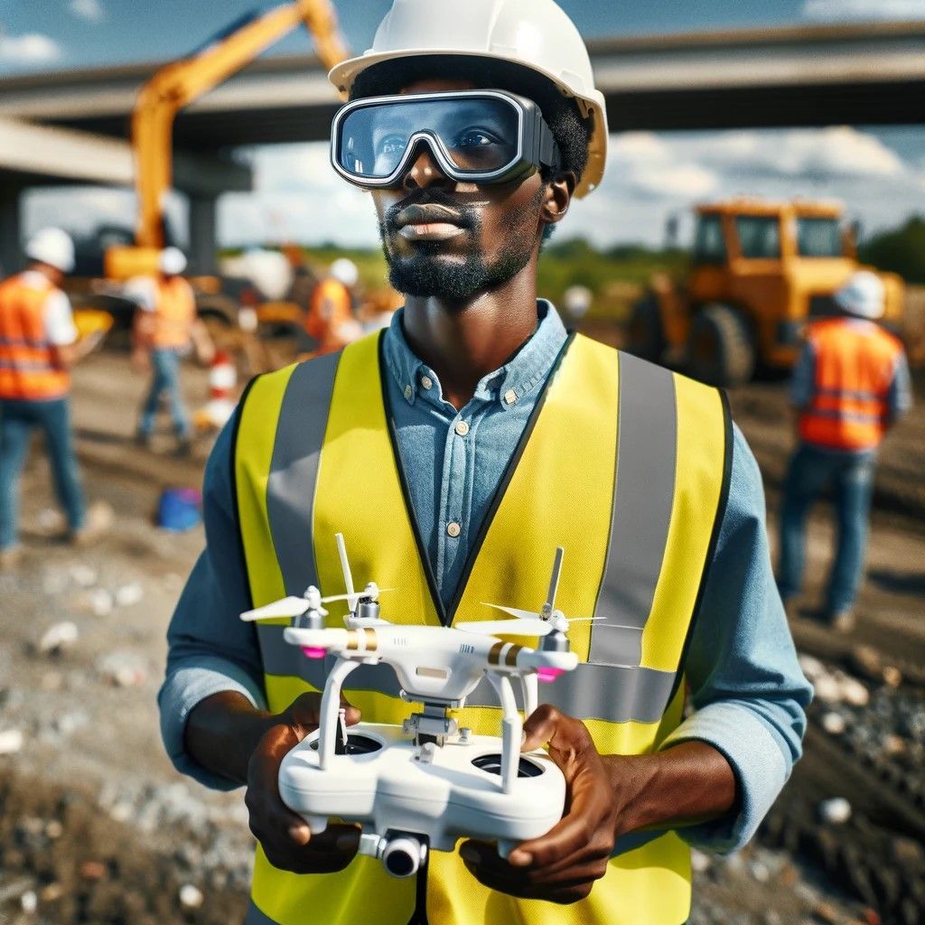 A drone operator wearing a high-visibility vest and safety helmet, standing at a construction site. They are holding a remote controller and monitoring a drone flying overhead. The drone is capturing aerial footage of the construction site. This image depicts the use of drones in construction site management and monitoring.