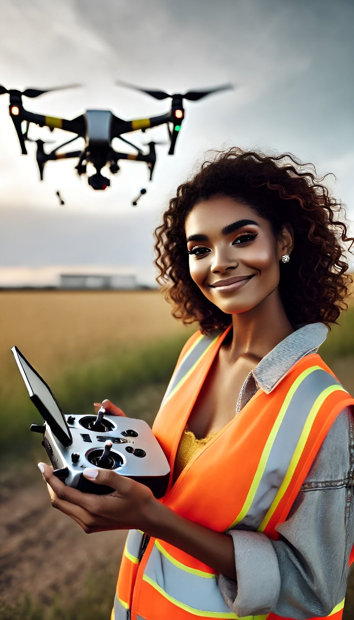 A woman is holding a remote control in front of a drone.