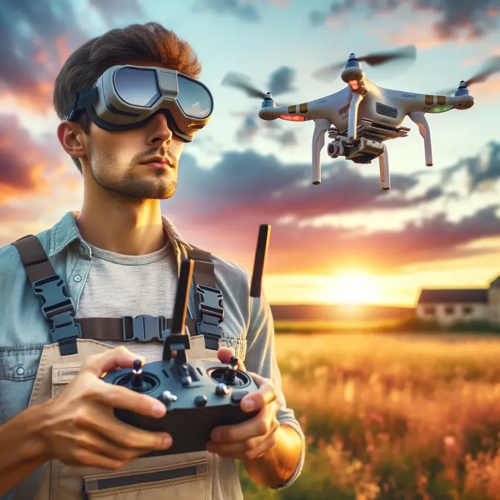 The pilot is depicted with focus and precision, equipped with a high-tech remote control and wearing FPV goggles, embodying the modern drone piloting experience. 