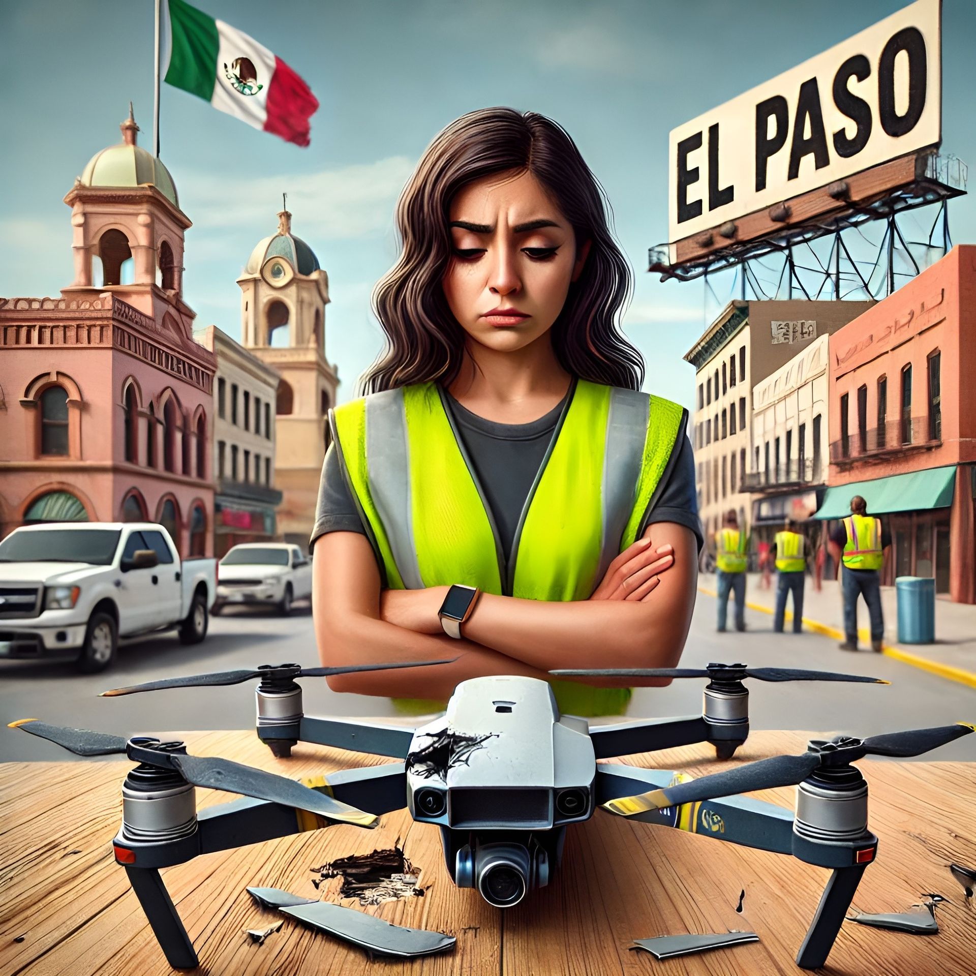 A broken drone with damaged propellers and a cracked body on a wooden workbench, highlighting the need for repair.